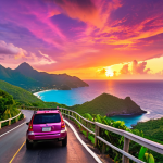 A scenic view of the winding coastal road in St. Vincent, showing an SUV driving along the turquoise Caribbean Sea. Lush green mountains drop dramatically into the ocean. The sky is ablaze with vibrant sunset colors of orange, pink, and purple, casting a warm glow over the water. The scene is serene and captures the raw beauty of the island.