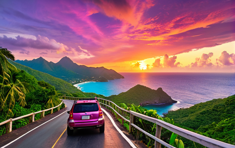 A scenic view of the winding coastal road in St. Vincent, showing an SUV driving along the turquoise Caribbean Sea. Lush green mountains drop dramatically into the ocean. The sky is ablaze with vibrant sunset colors of orange, pink, and purple, casting a warm glow over the water. The scene is serene and captures the raw beauty of the island.