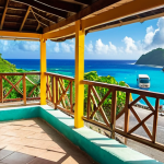 **Vibrant Caribbean Life & Home:** A cozy, naturally lit studio apartment balcony in Kingstown, St. Vincent, offering a stunning sunrise view over the turquoise Caribbean Sea. Below, a bustling local market scene filled with colorful tropical fruits, fresh fish sold directly from fishermen at the dock, and lively local interactions. In the background, a brightly painted "minivan" (local bus) drives along a scenic coastal road, hinting at local transport and reggae music. Focus on authentic details, warm lighting, and a lively, inviting atmosphere.