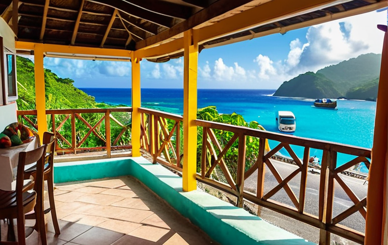 **Vibrant Caribbean Life & Home:** A cozy, naturally lit studio apartment balcony in Kingstown, St. Vincent, offering a stunning sunrise view over the turquoise Caribbean Sea. Below, a bustling local market scene filled with colorful tropical fruits, fresh fish sold directly from fishermen at the dock, and lively local interactions. In the background, a brightly painted "minivan" (local bus) drives along a scenic coastal road, hinting at local transport and reggae music. Focus on authentic details, warm lighting, and a lively, inviting atmosphere.