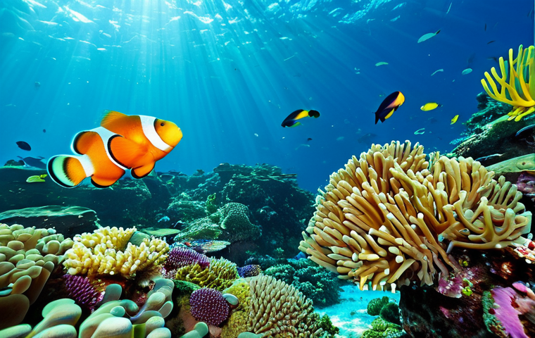 세인트빈센트 그레나딘의 해양 생태계 - Coral Reef Scene**

"A vibrant coral reef teeming with life in St. Vincent and the Grenadines. Color...