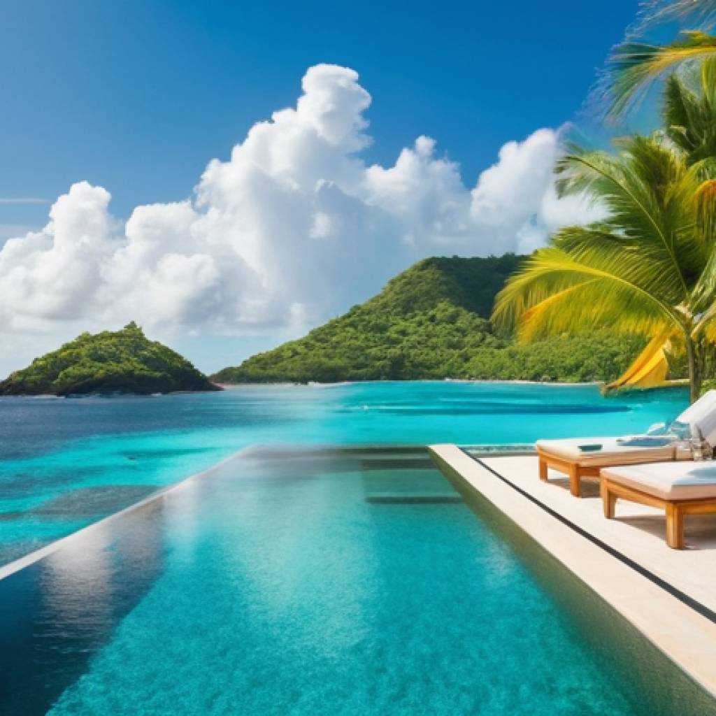 세인트빈센트 그레나딘의 리조트 추천 - **Prompt:** "A panoramic aerial view of a breathtaking, secluded luxury resort on a private island i...
