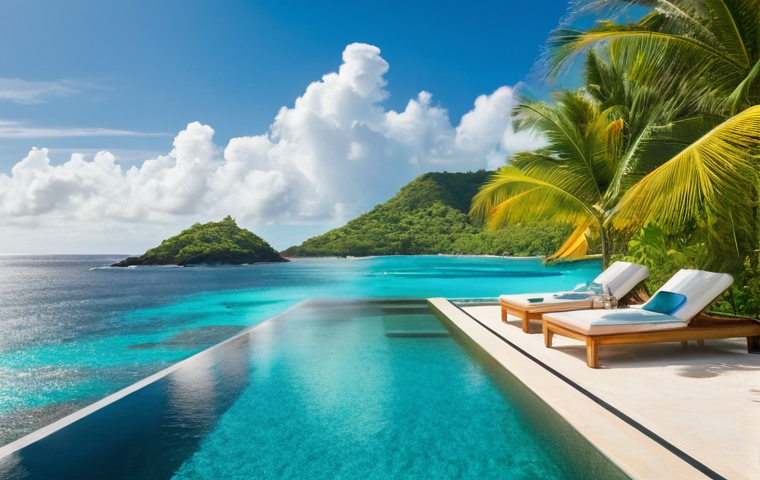 세인트빈센트 그레나딘의 리조트 추천 - **Prompt:** "A panoramic aerial view of a breathtaking, secluded luxury resort on a private island i...