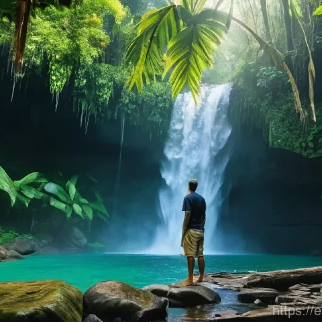 세인트빈센트 그레나딘에서 스파 및 웰니스 프로그램 - **A Serene Waterfall Oasis in St. Vincent:**
    A vibrant, high-definition image capturing a person...