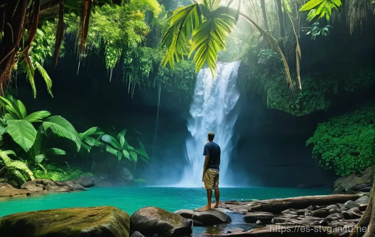 세인트빈센트 그레나딘에서 스파 및 웰니스 프로그램 - **A Serene Waterfall Oasis in St. Vincent:**
    A vibrant, high-definition image capturing a person...