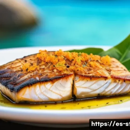 세인트빈센트 그레나딘의 로컬 음식과 맛집 - A close-up, mouth-watering shot of a perfectly grilled Jackfish fillet resting on a thick slice of r...