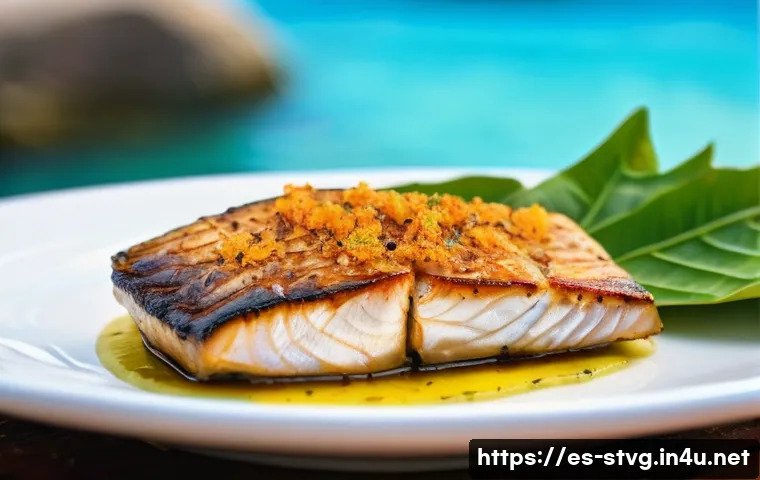 세인트빈센트 그레나딘의 로컬 음식과 맛집 - A close-up, mouth-watering shot of a perfectly grilled Jackfish fillet resting on a thick slice of r...