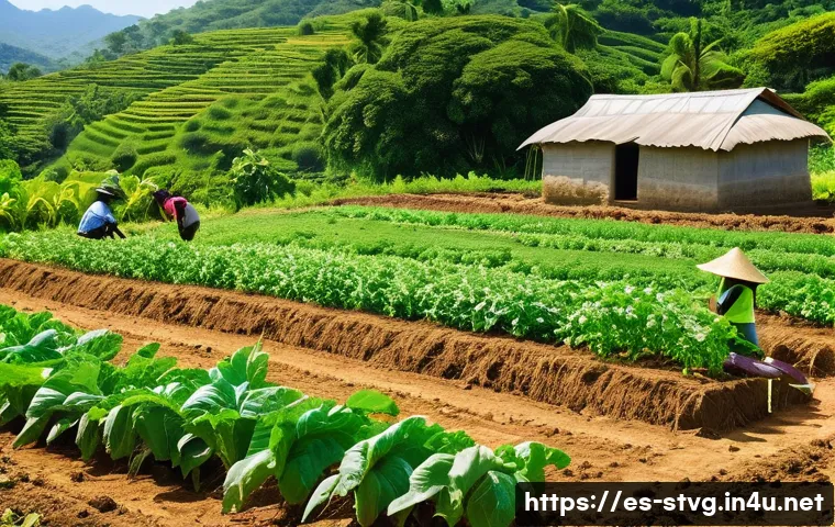 세인트빈센트 그레나딘의 자급자족 농업 시스템 - A vibrant rural farm scene in San Vicente and the Grenadines showcasing traditional sustainable agri...