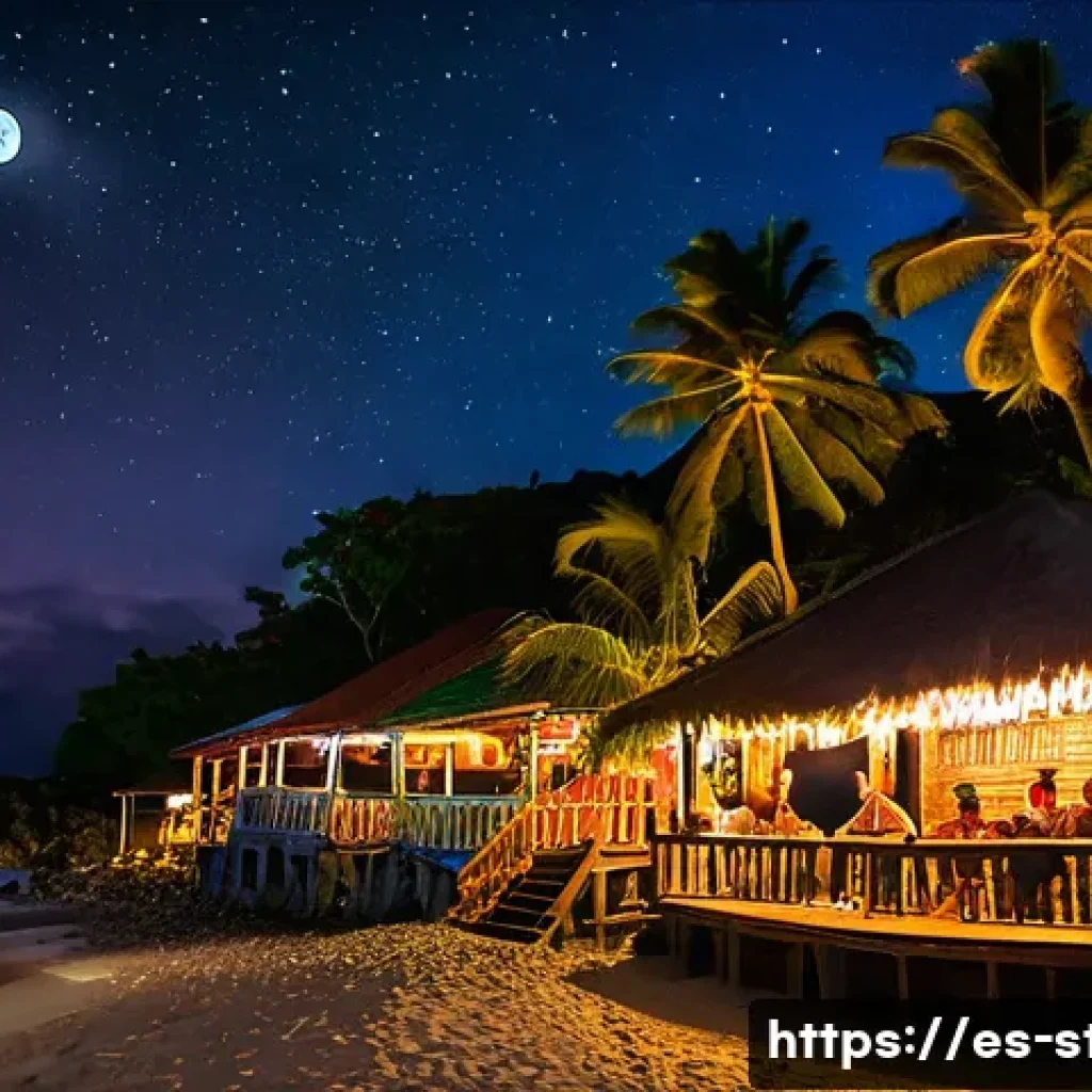 세인트빈센트 그레나딘의 나이트라이프 및 클럽 - A vibrant Caribbean beachfront bar at night in Saint Vincent and the Grenadines, with colorful tiki-...