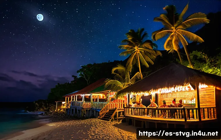 세인트빈센트 그레나딘의 나이트라이프 및 클럽 - A vibrant Caribbean beachfront bar at night in Saint Vincent and the Grenadines, with colorful tiki-...