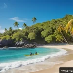 세인트빈센트 그레나딘의 해양 스포츠 체험 - A vibrant tropical beach scene at Indian Bay, St. Vincent, showing a diverse group of surfers with d...