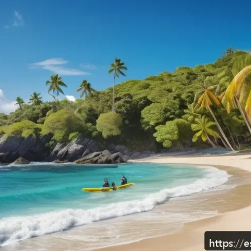 세인트빈센트 그레나딘의 해양 스포츠 체험 - A vibrant tropical beach scene at Indian Bay, St. Vincent, showing a diverse group of surfers with d...