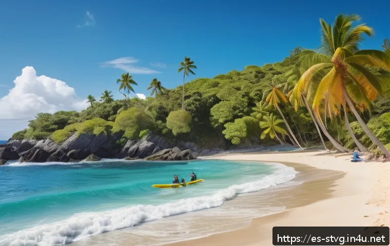 세인트빈센트 그레나딘의 해양 스포츠 체험 - A vibrant tropical beach scene at Indian Bay, St. Vincent, showing a diverse group of surfers with d...