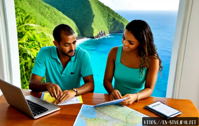 Home 17 세인트빈센트 그레나딘에서 장기 체류하는 방법 - Photorealistic Caribbean long-stay planning scene, Spanish-speaking couple in casual tropical clothi...