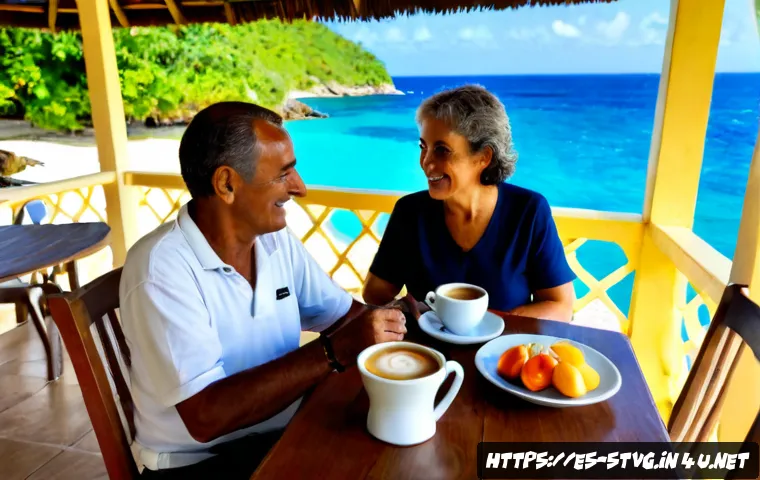 세인트빈센트 그레나딘에서 은퇴 후 생활하기 - Photorealistic retired Spanish-speaking couple in their early 60s enjoying a peaceful waterfront bre...
