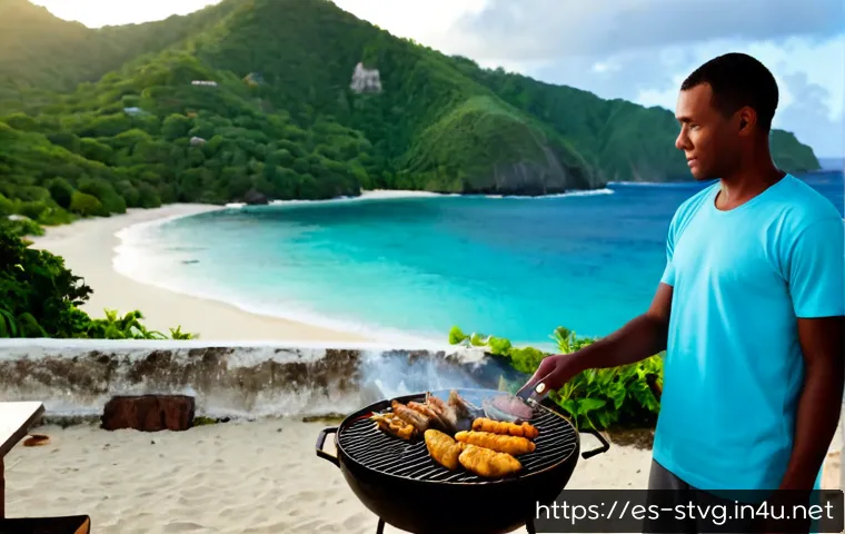 세인트빈센트 그레나딘에서 즐기는 바베큐 문화 - Photorealistic Caribbean beach barbecue in Saint Vincent and the Grenadines, a local cook in casual ...
