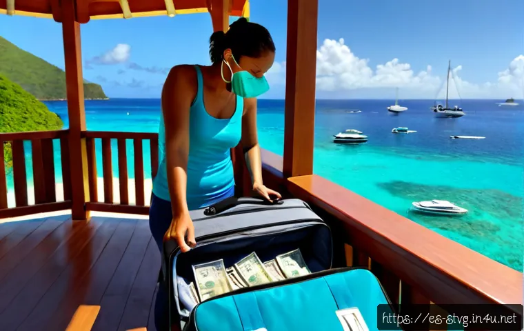 비퀴아 섬 여행 팁 - Photorealistic Bequia island travel planning scene, Spanish-speaking Caribbean traveler organizing a...
